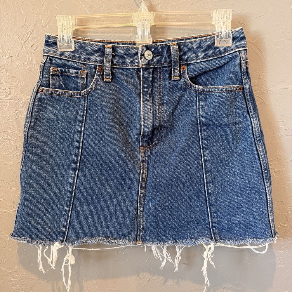 Abercrombie & Fitch Zoe Natural Rise A-Line Denim Mini Skirt Raw Hem 26/2 - Picture 2 of 8